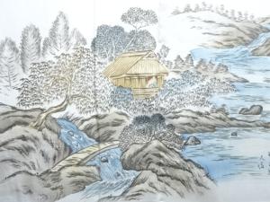 アンティーク　山小屋風景模様肩裏本場泥大島紬100亀甲男物羽織